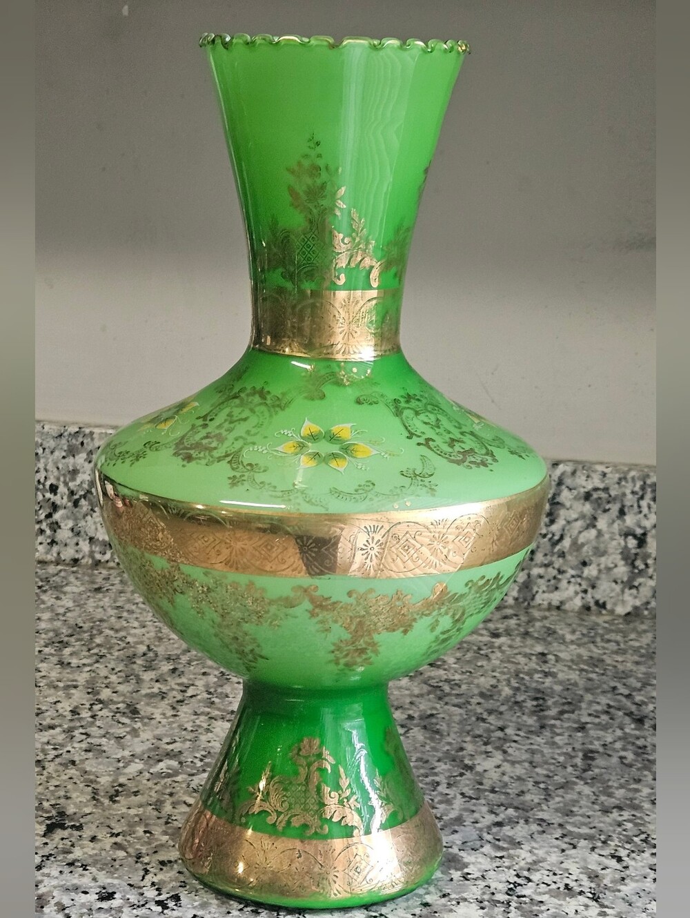 Vintage Ornate Bohemian Art Glass Vase Green with Flowers and Gold Trim